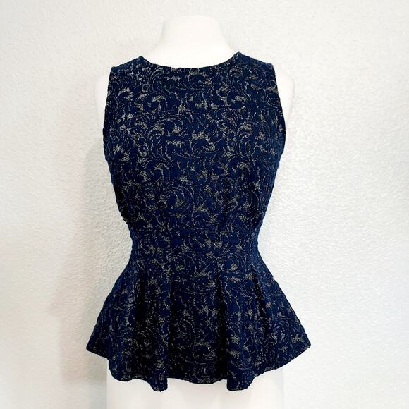 Eva Franco Navy Gold Metallic Peplum Blouse Size S - Picture 2 of 14